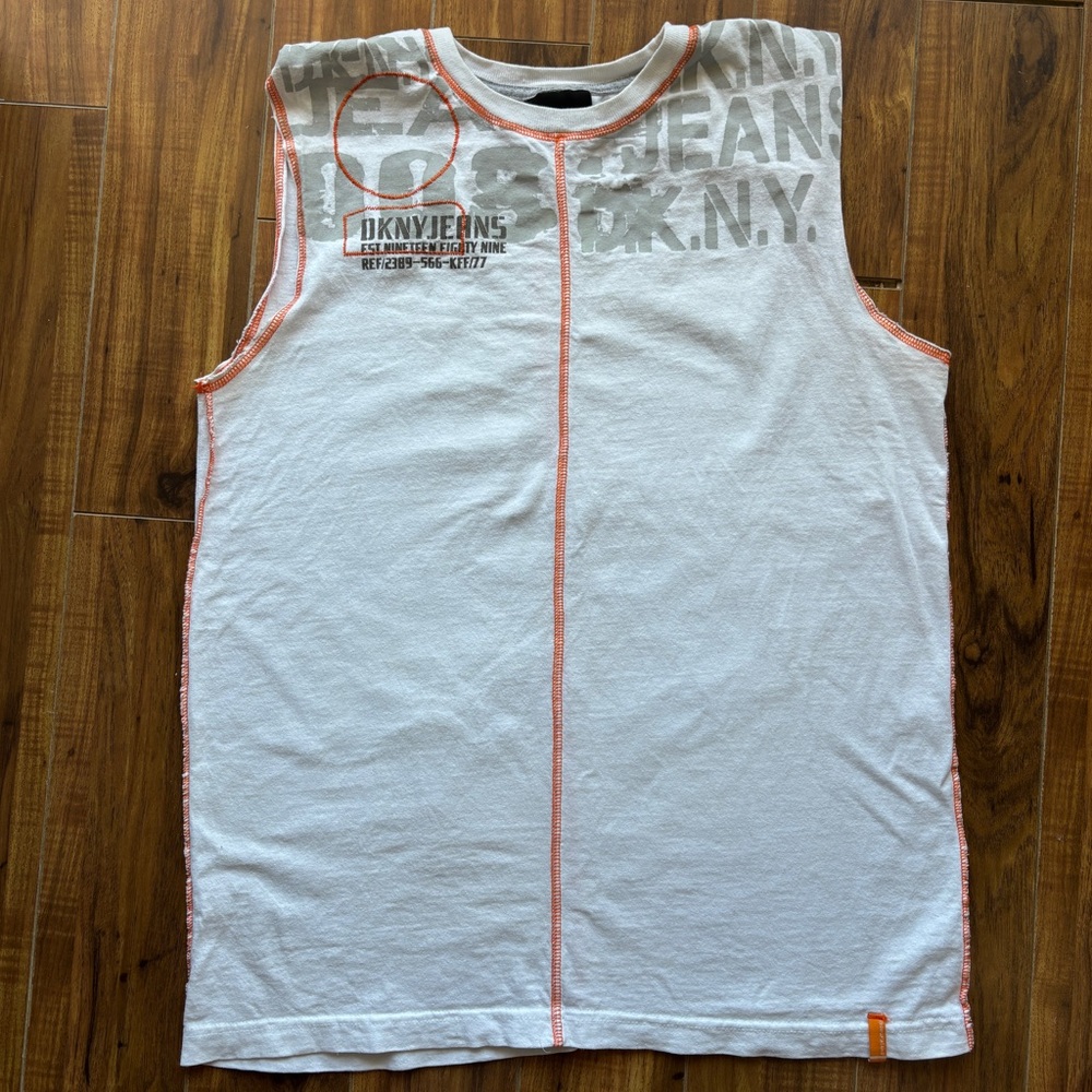Vintage DKNY Jeans Y2K Graphic Tank Top with Contrast Stitching | Size L
